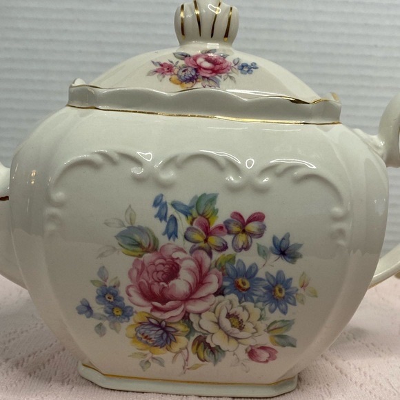 Vtg Windsor by James Sadler Cube Pink Rose Floral Bouquet Teapot with Lid Gold - Picture 3 of 16